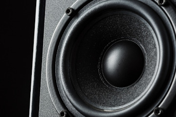 A close-up of a mounted speaker inside of an enclosure.