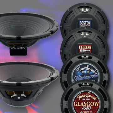 A collection of 12 inch guitar speakers from MISCO's ToneSpeak line.